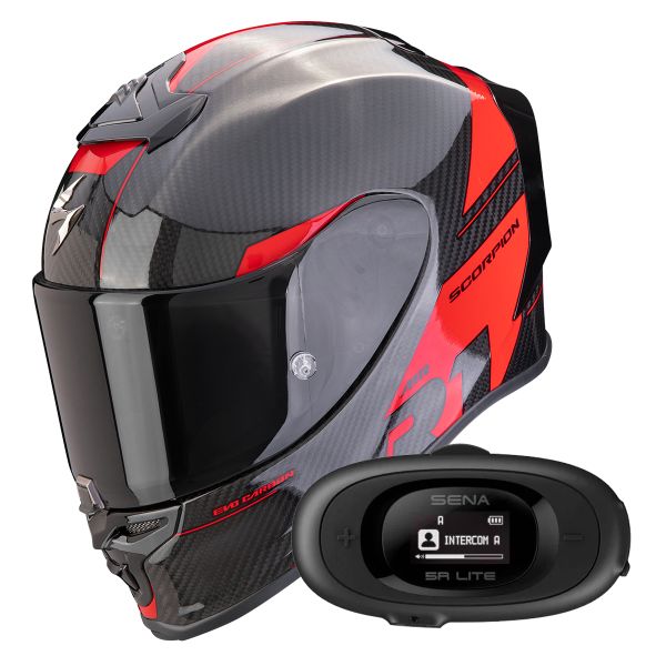 Casque Integral Scorpion Exo R1 Evo Carbon Air Rally Black Red + Kit bluetooth 5R Lite Solo