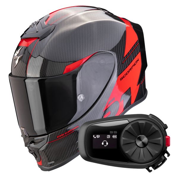 Casque Integral Scorpion Exo R1 Evo Carbon Air Rally Black Red + Kit Bluetooth 5S Solo