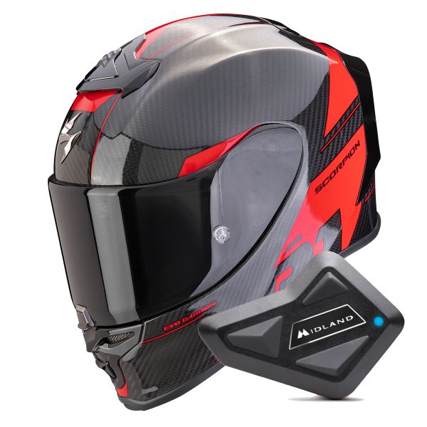 Casque Integral Scorpion Exo R1 Evo Carbon Air Rally Black Red + Kit Bluetooth BT Mini