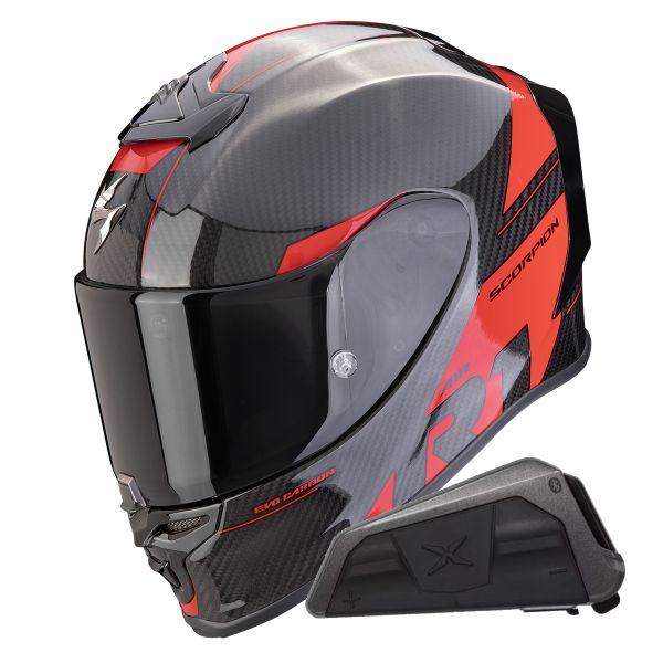 Casque Integral Scorpion Exo R1 Evo Carbon Air Rally Black Red + Kit bluetooth Exo-Com Link-1