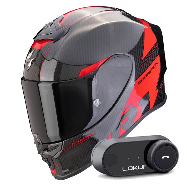 Casque Integral Scorpion Exo R1 Evo Carbon Air Rally Black Red + Kit Bluetooth Lokui K30