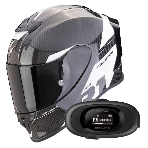 Casque Integral Scorpion Exo R1 Evo Carbon Air Rally Black White + Kit bluetooth 5R Lite Solo