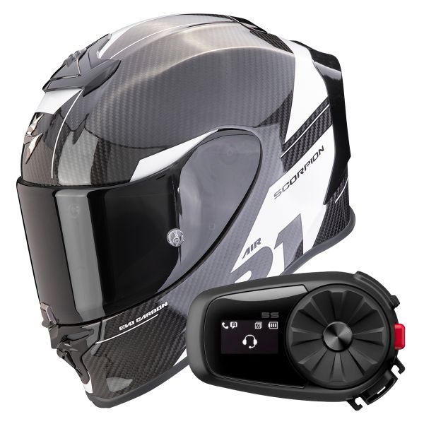 Casque Integral Scorpion Exo R1 Evo Carbon Air Rally Black White + Kit Bluetooth 5S Solo