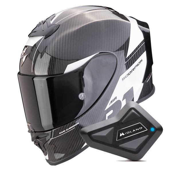 Casque Integral Scorpion Exo R1 Evo Carbon Air Rally Black White + Kit Bluetooth BT Mini