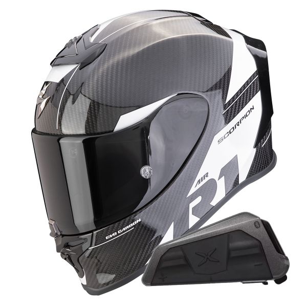 Casque Integral Scorpion Exo R1 Evo Carbon Air Rally Black White + Kit bluetooth Exo-Com Link-1 Casque Integral Scorpion Exo R1 Evo Carbon Air Rally Black White + Kit bluetooth Exo-Com Link-1