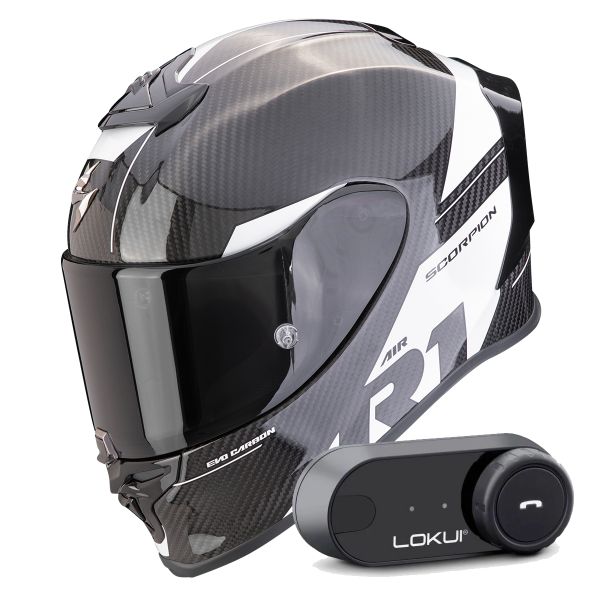 Casque Integral Scorpion Exo R1 Evo Carbon Air Rally Black White + Kit Bluetooth Lokui K30