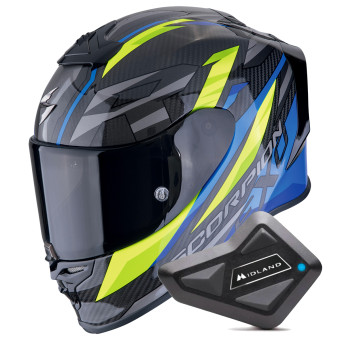 Casque Integral Scorpion Exo R1 Evo Carbon Air Runner Black Blue Yellow + Kit Bluetooth BT Mini