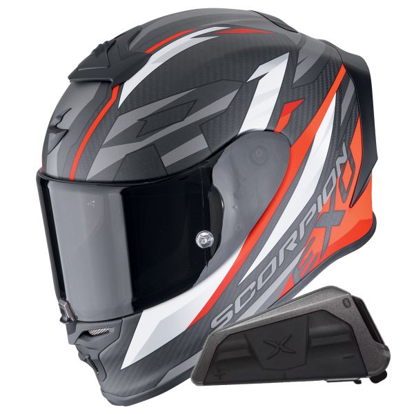Casque Integral Scorpion Exo R1 Evo Carbon Air Runner Black Red + Kit bluetooth Exo-Com Link-1