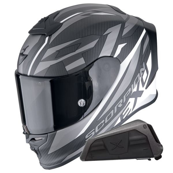 Casque Integral Scorpion Exo R1 Evo Carbon Air Runner Black White + Kit bluetooth Exo-Com Link-1