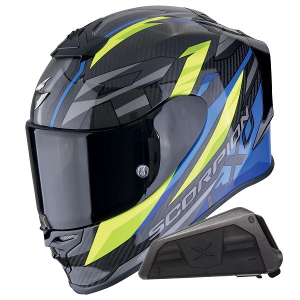 Casque Integral Scorpion Exo R1 Evo Carbon Air Runner Blue Yellow + Kit bluetooth Exo-Com Link-1