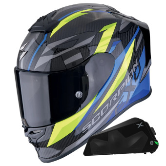 Casque Integral Scorpion Exo R1 Evo Carbon Air Runner Blue Yellow + Kit bluetooth Exo-Com Link-1C