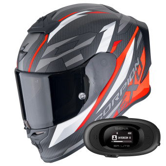 Casque Integral Scorpion Exo R1 Evo Carbon Air Runner Matt Black Red + Kit bluetooth 5R Lite Solo