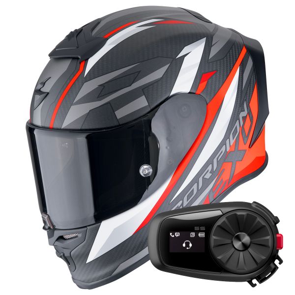 Casque Integral Scorpion Exo R1 Evo Carbon Air Runner Matt Black Red + Kit Bluetooth 5S Solo