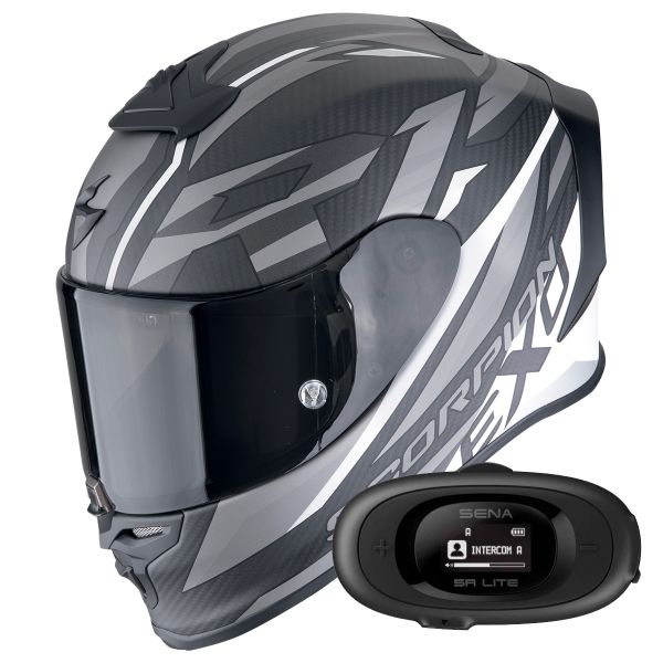 Casque Integral Scorpion Exo R1 Evo Carbon Air Runner Matt Black White + Kit bluetooth 5R Lite