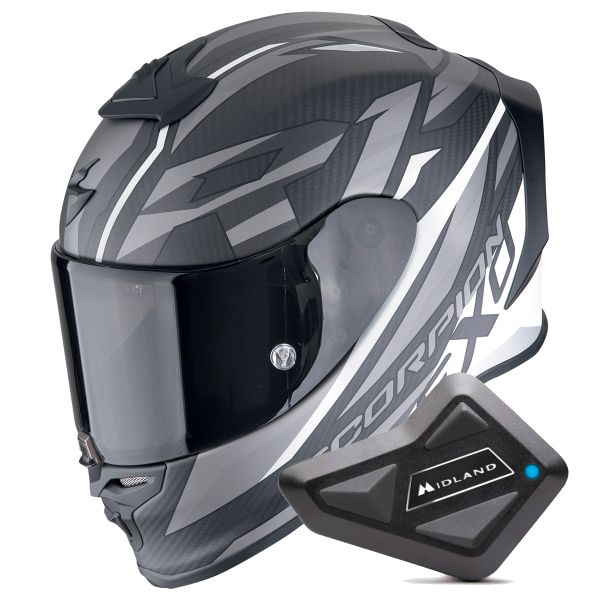 Casque Integral Scorpion Exo R1 Evo Carbon Air Runner Matt Black White + Kit Bluetooth BT Mini