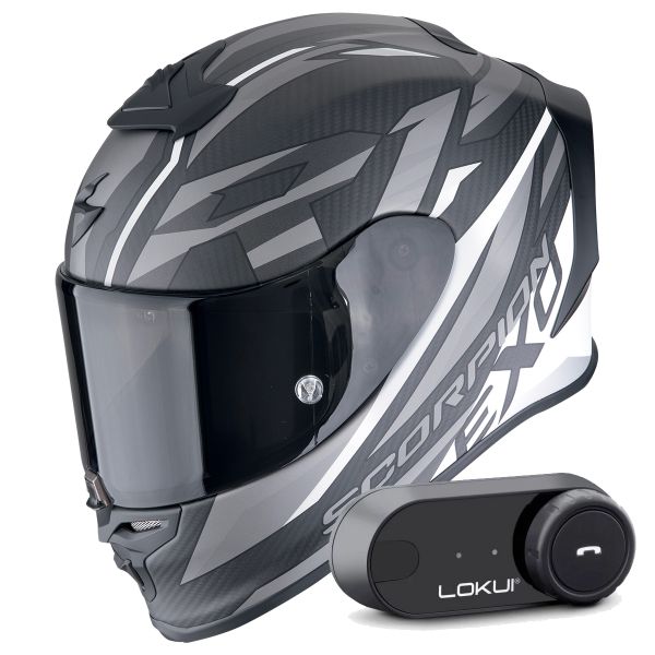 Casque Integral Scorpion Exo R1 Evo Carbon Air Runner Matt Black White + Kit Bluetooth Lokui K30
