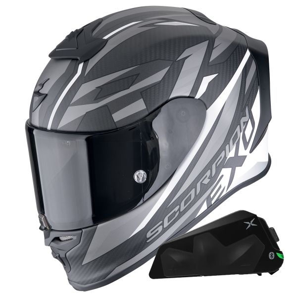 Casque Integral Scorpion Exo R1 Evo Carbon Air Runner Matt White + Kit bluetooth Exo-Com Link-1C