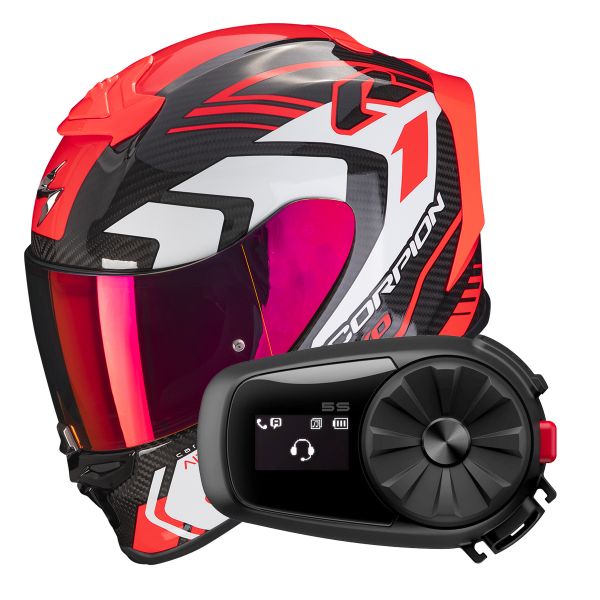 Casque Integral Scorpion Exo R1 Evo Carbon Air Supra Black Red + Intercom Sena 5S