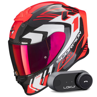 Casque Integral Scorpion Exo R1 Evo Carbon Air Supra Black Red + Kit Bluetooth Lokui K30