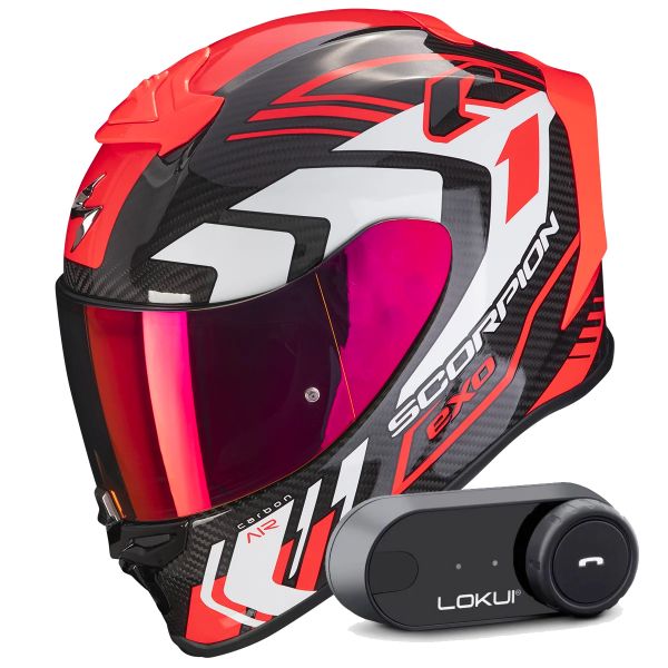 Casque Integral Scorpion Exo R1 Evo Carbon Air Supra Black Red + Kit Bluetooth Lokui K30