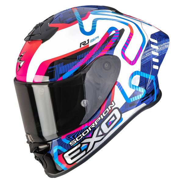 Casque Integral Scorpion Exo R1 Evo II Air Cornering White Blue Pink Casque Integral Scorpion Exo R1 Evo II Air Cornering White Blue Pink