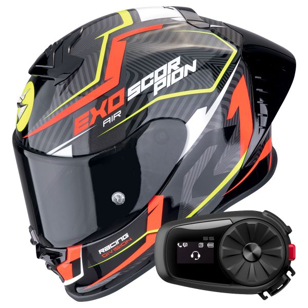 Casque Integral Scorpion Exo R1 Evo II Air Coup Black Red Yellow Fluo + Kit Bluetooth 5S Solo