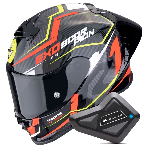 Casque Integral Scorpion Exo R1 Evo II Air Coup Black Red Yellow Fluo + Kit Bluetooth BT Mini