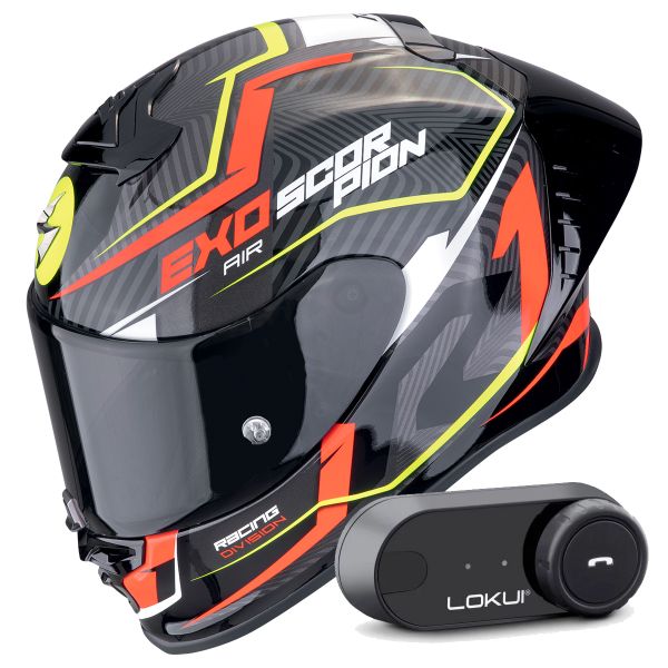 Casque Integral Scorpion Exo R1 Evo II Air Coup Black Red Yellow Fluo + Kit Bluetooth Lokui K30