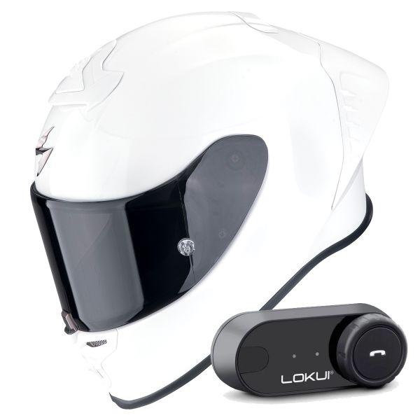 Casque Integral Scorpion Exo R1 Evo II Air Pearl White + Kit Bluetooth Lokui K30