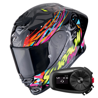 Casque Integral Scorpion Exo R1 Evo II Air Savage Black Blue Pink + Kit Bluetooth 5S Solo