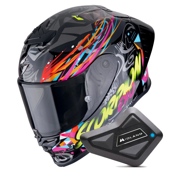 Casque Integral Scorpion Exo R1 Evo II Air Savage Black Blue Pink + Kit Bluetooth BT Mini