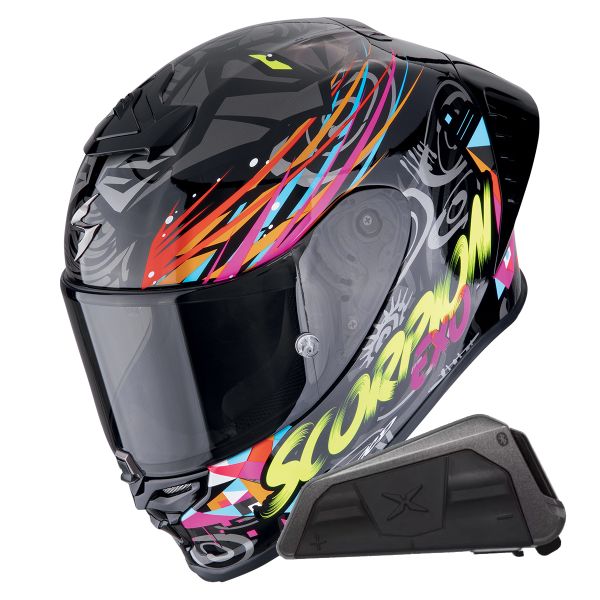 Casque Integral Scorpion Exo R1 Evo II Air Savage Black Blue Pink + Kit bluetooth Exo-Com Link-1