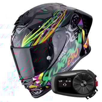 Casque Integral Scorpion Exo R1 Evo II Air Savage Black Green Orange + Kit Bluetooth 5S Solo