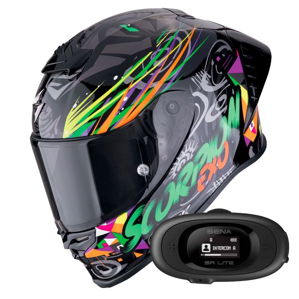 Casque Integral Scorpion Exo R1 Evo II Air Savage Black Green Orange + Kit Bluetooth BT Mini