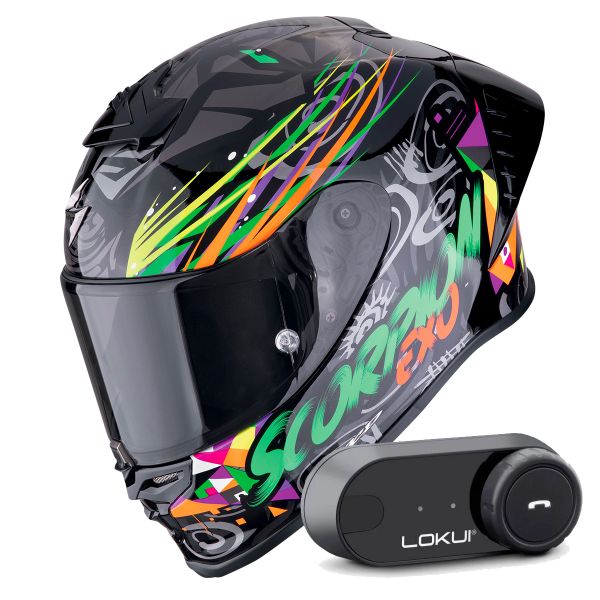 Casque Integral Scorpion Exo R1 Evo II Air Savage Black Green Orange + Kit Bluetooth Lokui K30