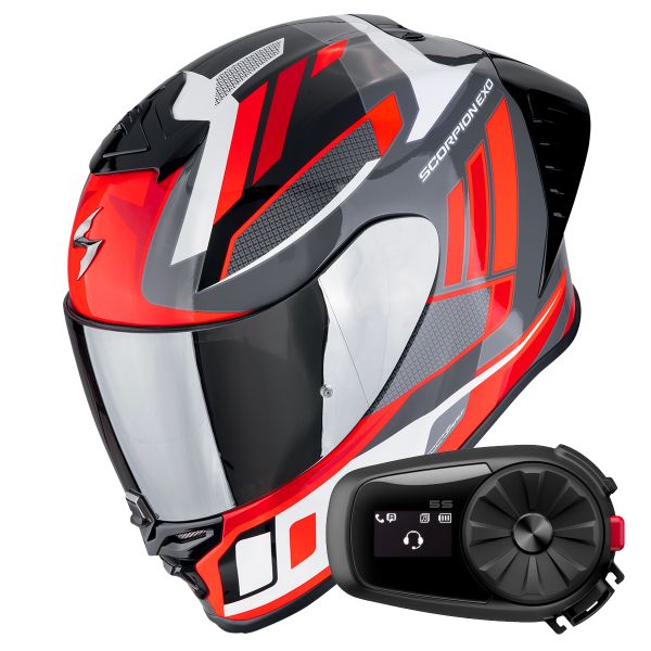Casque Integral Scorpion Exo R1 Evo II Air Vital Grey White Red + Kit Bluetooth 5S Solo