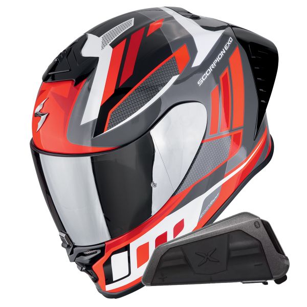 Casque Integral Scorpion Exo R1 Evo II Air Vital Grey White Red + Kit bluetooth Exo-Com Link-1