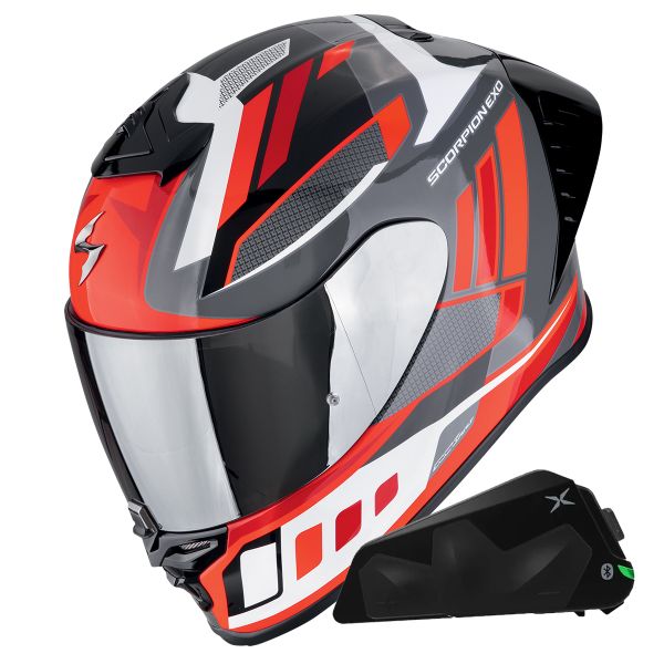 Casque Integral Scorpion Exo R1 Evo II Air Vital Grey White Red + Kit bluetooth Exo-Com Link-1C