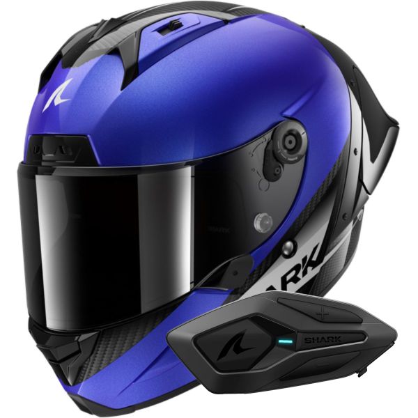 Casque Integral Shark Aeron GP Blank SP Carbon Blue Anthracite + Kit Bluetooth Sena for Shark