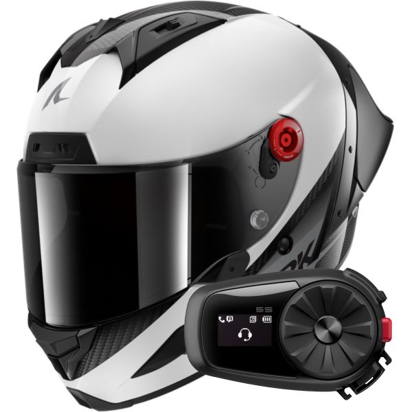 Casque Integral Shark Aeron GP Blank SP Carbon White Anthracite + Kit Bluetooth 5S Solo
