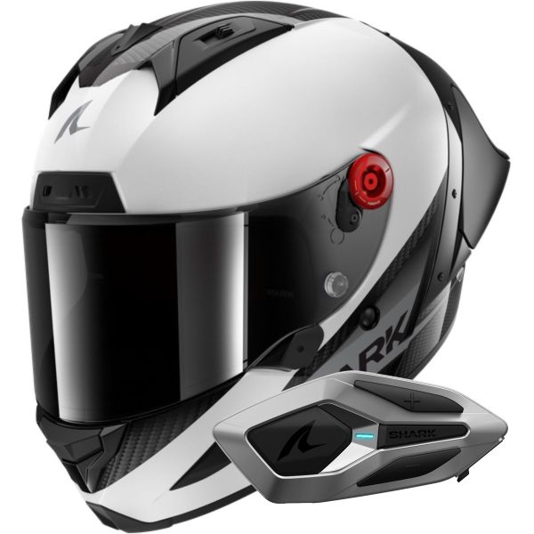 Casque Integral Shark Aeron GP Blank SP Carbon White Anthracite + Kit Bluetooth Sena Mesh