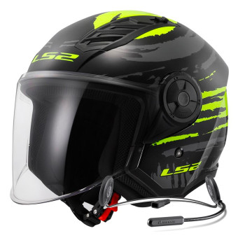Casque Jet LS2 Airflow II Brush Black H-V Yellow OF616 + Kit Bluetooth Lokui K10