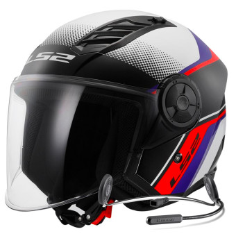 Casque Jet LS2 Airflow II Rush White Blue Red OF616 + Kit Bluetooth Lokui K10
