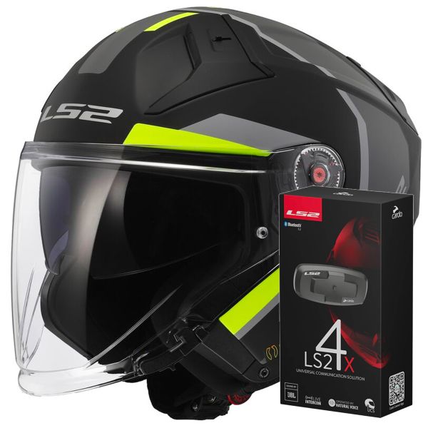 Casque Jet LS2 Infinity II Focus Matt Black H-V Yellow OF603 + Kit Bluetooth 4X