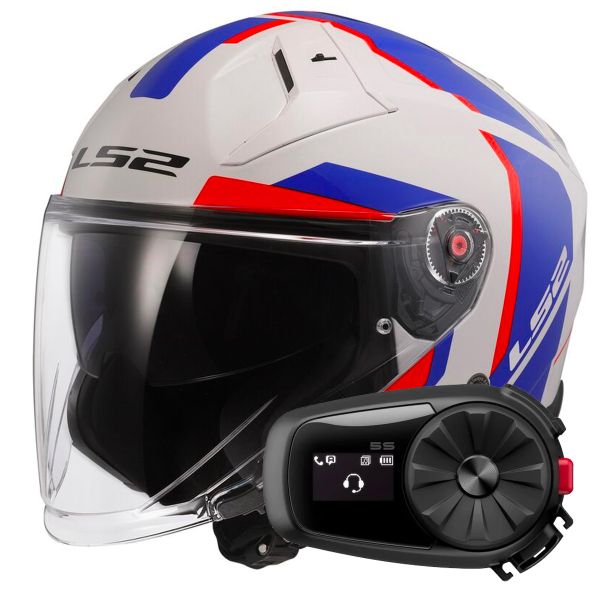 Casque Jet LS2 Infinity II Focus White Blue Red OF603 + Kit Bluetooth 5S Solo Casque Jet LS2 Infinity II Focus White Blue Red OF603 + Kit Bluetooth 5S Solo