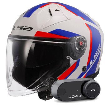 Casque Jet LS2 Infinity II Focus White Blue Red OF603 + Kit Bluetooth Lokui K30