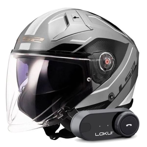 Casque Jet LS2 Infinity II Veyron Grey White OF603 + Kit Bluetooth Lokui K30