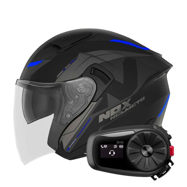 Casque Jet NOX N130 Klint Matt Black Blue + Kit Bluetooth 5S Solo