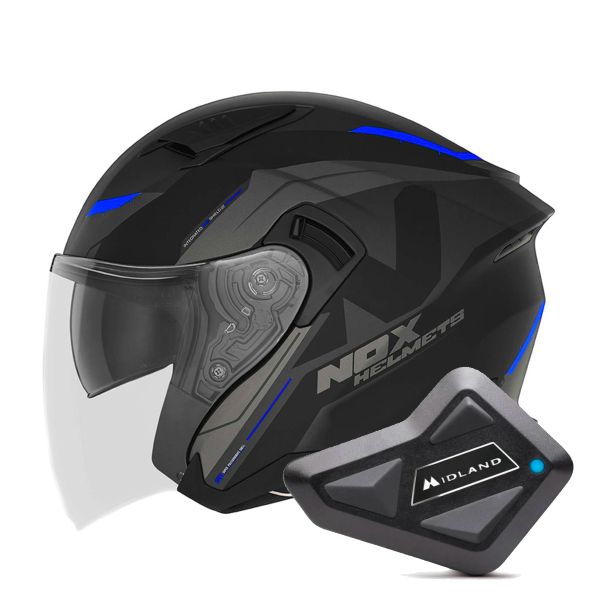 Casque Jet NOX N130 Klint Matt Black Blue + Kit Bluetooth BT Mini