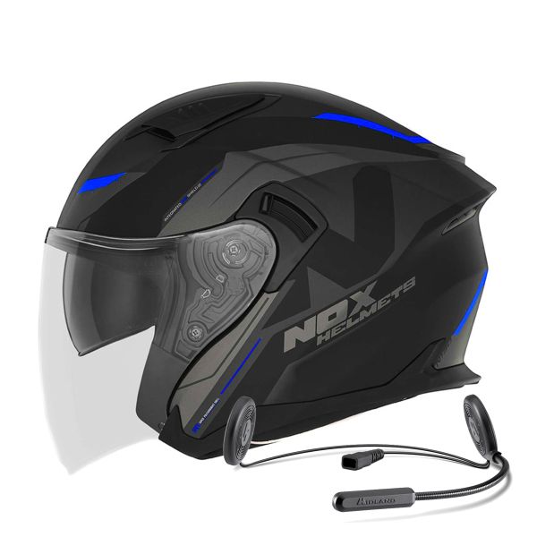 Casque Jet NOX N130 Klint Matt Black Blue + Kit Bluetooth Lokui K10